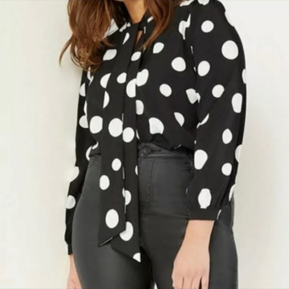 ELOQUII Tie Neck Polka Dot Blouse -  Plus Size 20